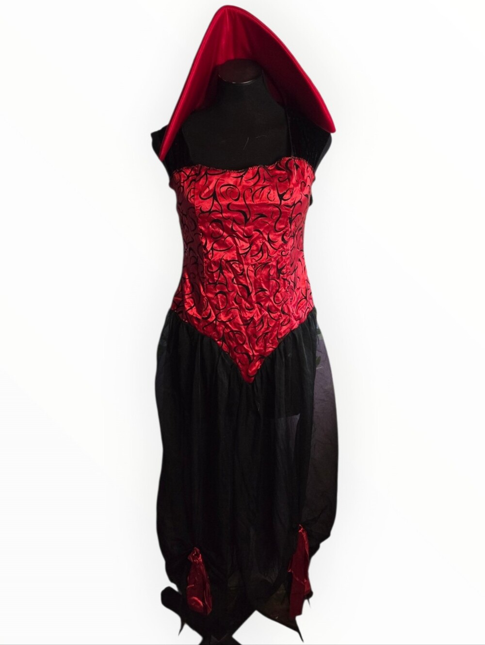 Red and Black Gothic Strapless Dress with Dramatic Collar Costume Devil